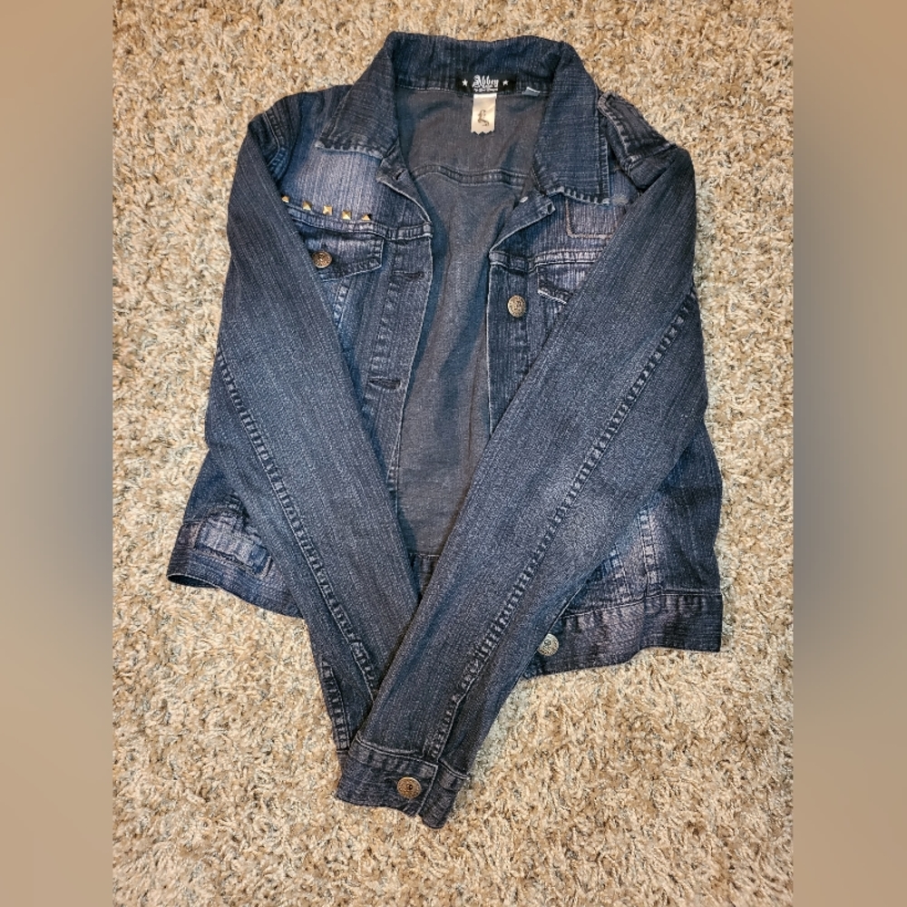 -Studded Abbey Dawn jean jacket-cropped-dark blue jean-Angel wings on back